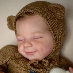 Brown knit newborn baby photography outfit with bear ear hat and long sleeve romper