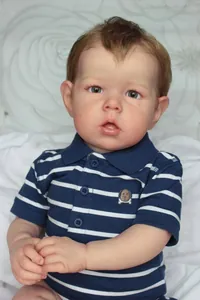 Close-up of the detailed 3D skin texture and hand-painted features on this Reborn baby doll