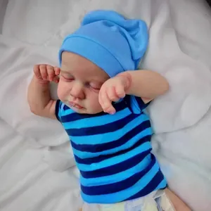 49cm lifelike reborn baby doll Loulou with blue striped shirt and soft knit hat