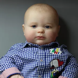Lifelike 60cm Joseph reborn baby boy doll with realistic skin and blue checkered shirt