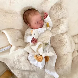 Realistic 49cm reborn baby doll Demi sleeping with white swan comforter and pacifier