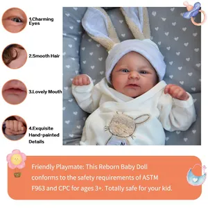 Vues détaillées du visage de la poupée Reborn 49cm, peau peinte et certificats de sécurité