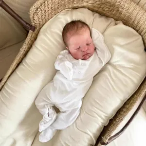 Realistic 49cm Demi newborn baby reborn doll sleeping in a woven basket with white romper