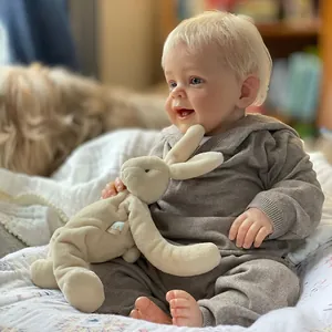 Lifelike 24-inch Yannik baby boy reborn doll in grey knit hoodie with plush bunny toy