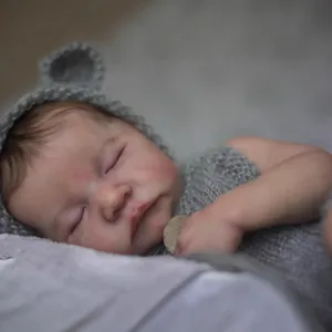 Realistic Reborn Baby Doll Simulation Newborn Sleeping Infant Silicone Full Body Vinyl Toy Grey Knit Outfit Handmade Lifelike Collectible Doll Gift