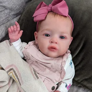 Lifelike 55cm reborn baby doll in pink dress and bow headband with rainbow knit blanket
