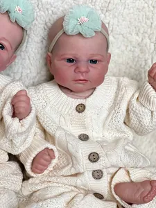Elijah lifelike 46cm newborn reborn baby doll wearing a cream knit cardigan with green flower