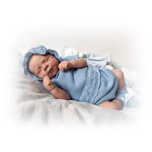 Realistic 48cm reborn baby doll in blue knit outfit on a soft white carpet background