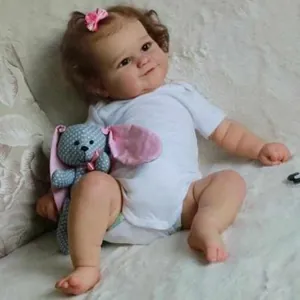 Poupée Reborn Maddie réaliste de 50cm avec cheveux bouclés, body blanc et peluche de lapin