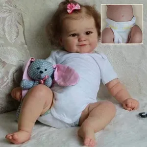 Poupée Reborn Réaliste Bébé en Silicone Souple Lestée Nouveau-Né Avec Tenue Blanche Nœud Rose Et Peluche Lapin Pour Filles