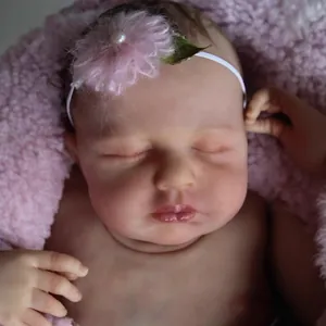 Reborn doll 49cm sleeping baby Loulou in pink plush blanket with flower headband