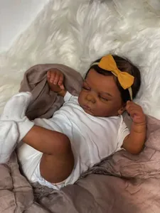 Close-up of a 49cm realistic deep skin newborn reborn doll with lifelike 3D hand-painted skin