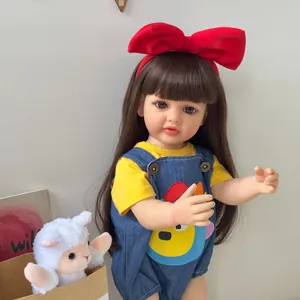 55cm lifelike reborn baby girl doll Betty in blue denim overalls and yellow t-shirt