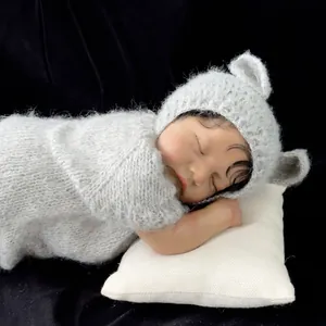Realistic Reborn Baby Doll Brown Skin Silicone Cloth Body Hand Painted Newborn Boy Doll With Gray Knit Outfit Pillow Gift