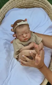 Close-up of 49cm reborn baby doll with 3D skin texture in a woven basket