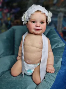 Detailed close-up of realistic reborn doll Maddie with hand-painted skin and lace headband