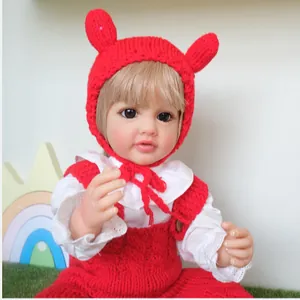 55cm lifelike reborn baby doll Betty in red knit outfit with bear ear hat and white shirt
