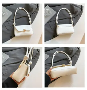 Four-grid view of white rectangular flap bag with gold buckle and knot handle