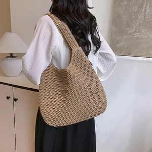 Brown hand-woven straw tote bag for women, large capacity shoulder bag for summer beach