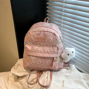 Sac à Dos Kawaii en Cuir PU Matelassé pour Filles Doux Japonais Broderie de Nœud Sac d'École Avec Pendentif en Peluche pour Adolescents Femmes