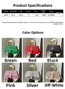 Detailed size specifications for glitter PU leather handbag with H buckle design