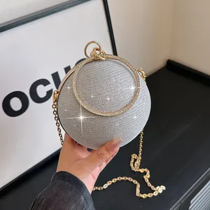 Elegante Sfeer Avondtas Pailletten Glitter Ronde Clutch Tas Voor Vrouwen Strass Cirkel Handvat Metalen Ketting Crossbody Handtas Voor Feest Bruiloft