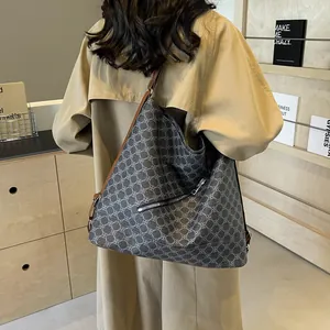 Large capacity tote bag with dark grey geometric pattern and brown leather shoulder straps