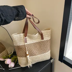 Bolso Tote de Paja Tejida de Verano para Mujer Rayas Gran Capacidad Bolso de Hombro Con Borla Bolso de Playa Casual Hecho a Mano