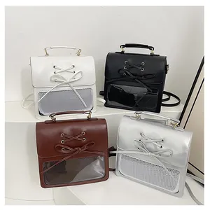 Detailed comparison of four colorful PU leather backpacks featuring ribbon bows and mesh windows
