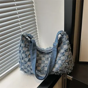 Women Casual Checkerboard Tote Bag Frayed Denim Texture Large Capacity Shoulder Bag With Adjustable Strap Vintage Streetwear