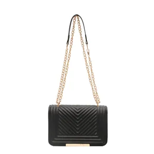 Classic black V-quilted small square crossbody bag with gold chain strap and metal trim