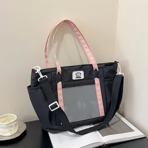 Large Capacity Nylon Ita Bag For Women Transparent PVC Window Tote Bag With Star Patch Student Daily Shoulder Crossbody Bag