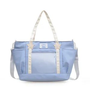 Japanese style light blue Ita tote bag with transparent PVC window and star details