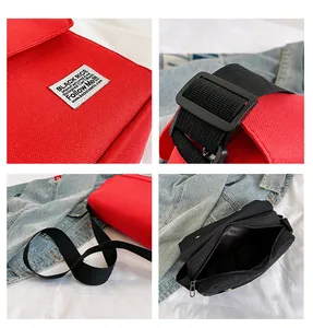 Detail shots of canvas messenger bag showing logo label, strap buckle and inner compartment