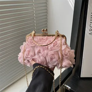 3D Rose Flower Evening Clutch Bag Vintage Metal Frame Handbag For Wedding Party Women Mesh Chiffon Chain Shoulder Bag
