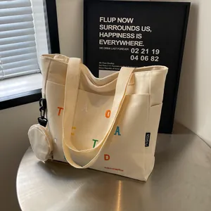 Sac Cabas en Toile pour Femme Mode Grande Capacité Broderie de Lettres Sac à Épaule Décontracté Style de Rue Sac Sous les Aisselles Quotidien