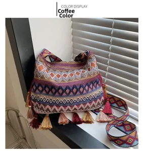 Close-up of bohemian tote bag featuring colorful geometric patterns and fringe detail