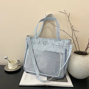 Women Large Capacity Ita Bag PU Leather Transparent Window Tote Bag Heart Buckle Shoulder Bag Handbag Japanese School Bag
