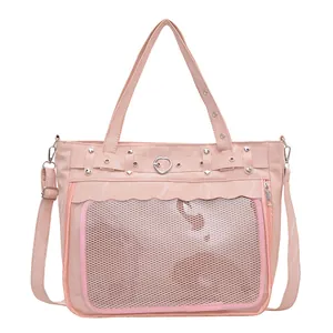 Pink heart-buckle Itabag with transparent window and wave trim details for women