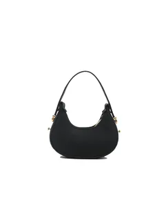 Mini black crescent moon bag in lychee pattern leather with elegant gold hardware