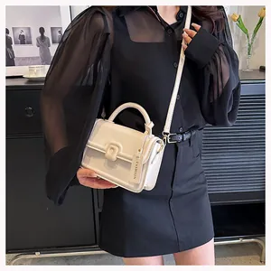Chic cream white mini leather bag with round handle and detachable shoulder strap