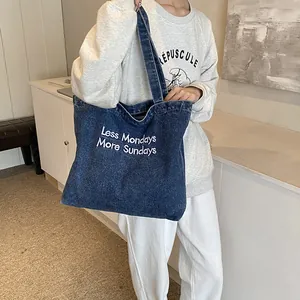 Large capacity navy denim tote bag with Less Mondays More Sundays white embroidery