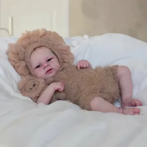 Realistic 49cm reborn baby doll Elijah in plush lion costume with 3D hand-painted skin