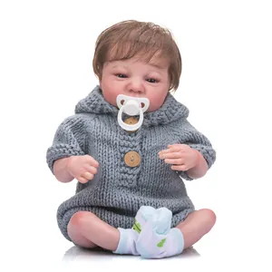 Lifelike 49cm Reborn Doll Levi Awake with 3D skin and grey knitted hooded jumpsuit