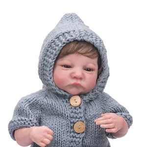 49cm reborn baby Levi doll with realistic 3D skin veins in a grey hooded knit sweater