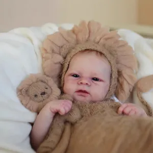 Newborn lion knit photography costume with hat, romper and plush lion doll set
