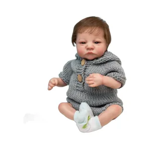 Realistic 49cm Levi Awake reborn baby doll with 3D skin and grey knitted romper