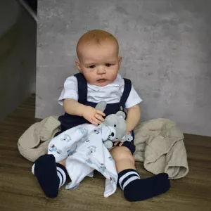 Realistic Reborn Baby Boy Doll With Navy Blue Overalls Hand Painted Veins Soft Silicone Limbs And Cotton Body Newborn Toy