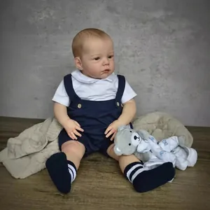 Handmade 60cm Sandie reborn doll in blue overalls with teddy bear and blanket