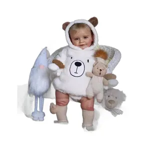 Realistic Reborn Baby Doll Zoe wearing a plush white bear hoodie with soft prop bears
